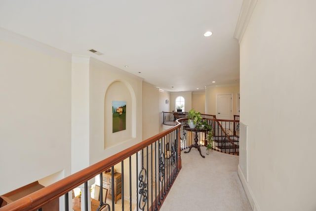 891 Fairington Pvt Way, Gallatin, TN 37066 - corridor featuring an upstairs landing, ornamental molding, light carpet, and recessed lighting