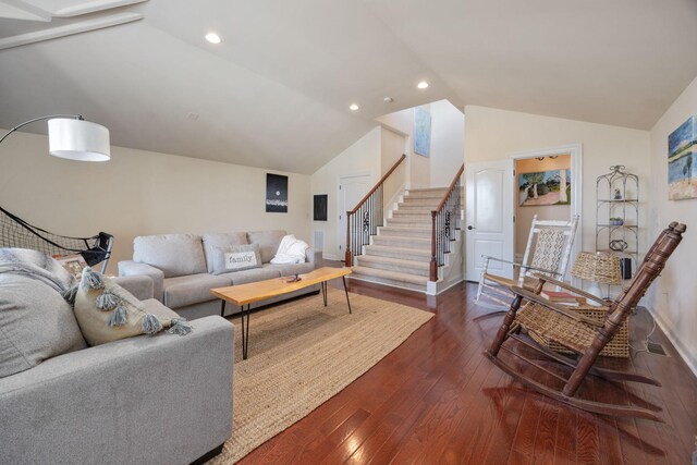 891 Fairington Pvt Way, Gallatin, TN 37066 - living area with lofted ceiling, baseboards, stairs, dark wood-style flooring, and recessed lighting