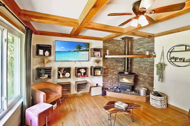 3033 Greer Rd, Goodlettsville, TN 37072 - living area featuring a wood stove, coffered ceiling, hardwood / wood-style floors, beamed ceiling, and ceiling fan