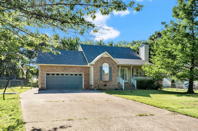 1012 Blue Ridge Pkwy, Goodlettsville, TN 37072 - view of front of home with brick siding, concrete driveway, an attached garage, a chimney, and a porch