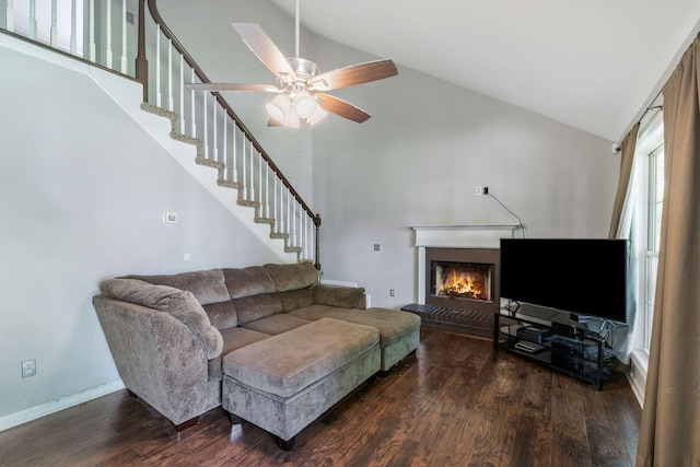 1012 Blue Ridge Pkwy, Goodlettsville, TN 37072 - living area featuring high vaulted ceiling, wood finished floors, a lit fireplace, stairs, and ceiling fan