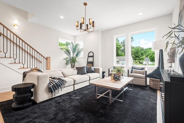 6104 Cowden Ave Unit A, Nashville, TN 37209 - living room featuring a chandelier, recessed lighting, stairs, and dark wood-style flooring