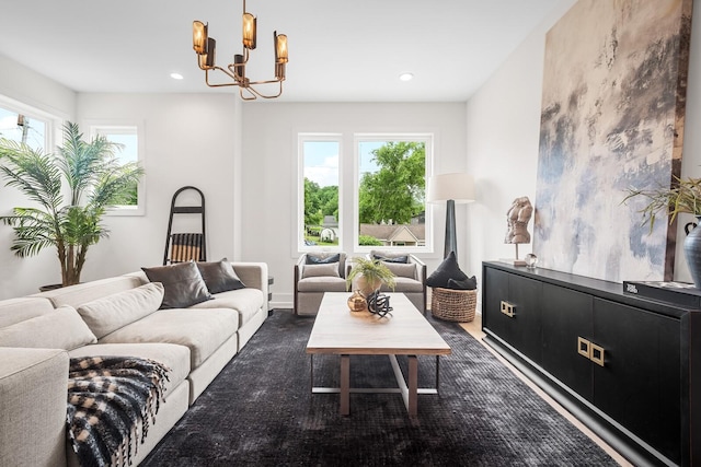 6104 Cowden Ave Unit A, Nashville, TN 37209 - living area featuring a chandelier, dark carpet, plenty of natural light, and recessed lighting