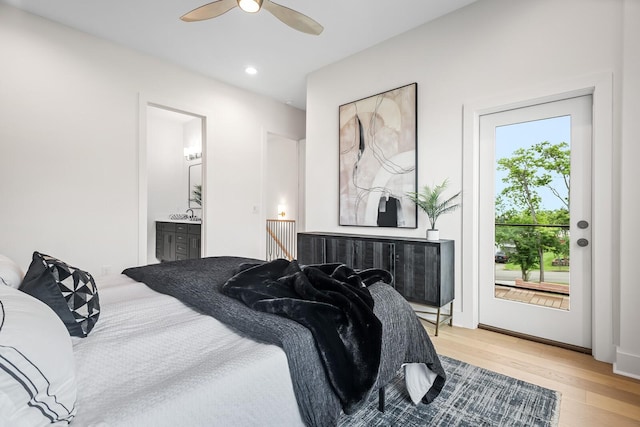 6104 Cowden Ave Unit A, Nashville, TN 37209 - bedroom with access to outside, light wood-style floors, connected bathroom, recessed lighting, and ceiling fan