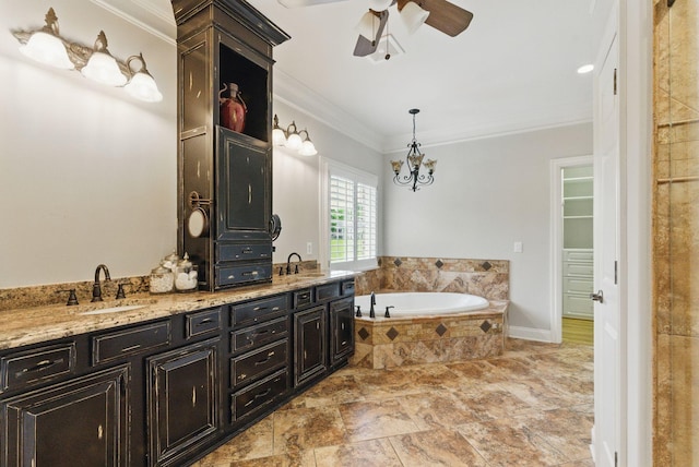 205 Saint Anne Way, Franklin, TN 37064 - full bathroom featuring ceiling fan, ornamental molding, a garden tub, double vanity, and a chandelier