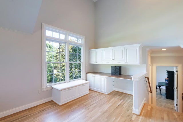 205 Saint Anne Way, Franklin, TN 37064 - unfurnished office featuring light wood finished floors, built in study area, baseboards, and a towering ceiling