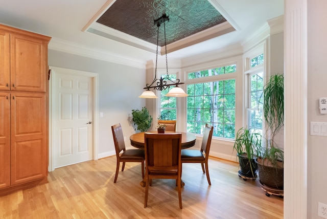 205 Saint Anne Way, Franklin, TN 37064 - dining room with a tray ceiling, light wood finished floors, baseboards, ornamental molding, and a chandelier