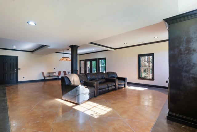 205 Saint Anne Way, Franklin, TN 37064 - living area featuring decorative columns, ornamental molding, baseboards, tile patterned flooring, and recessed lighting