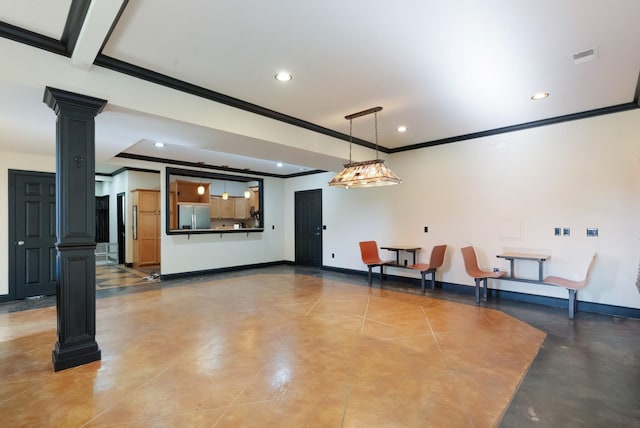 205 Saint Anne Way, Franklin, TN 37064 - unfurnished living room with ornate columns, ornamental molding, recessed lighting, baseboards, and concrete flooring