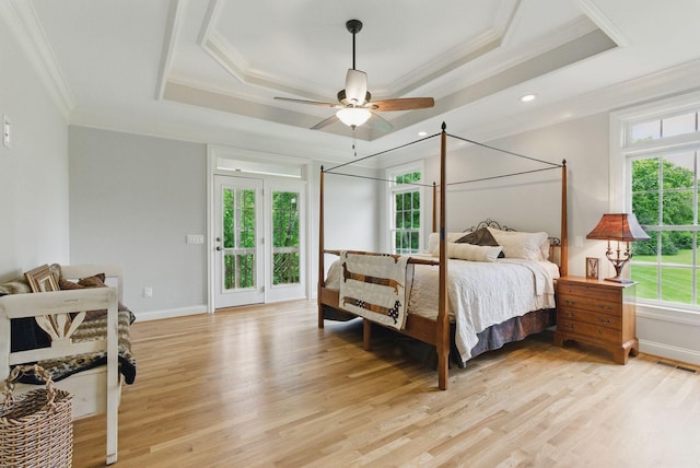 205 Saint Anne Way, Franklin, TN 37064 - bedroom with a tray ceiling, multiple windows, access to exterior, light wood-style floors, and crown molding