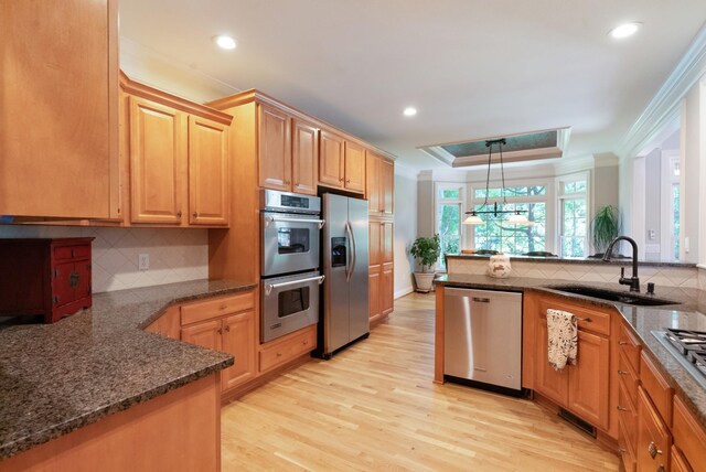 205 Saint Anne Way, Franklin, TN 37064 - kitchen featuring appliances with stainless steel finishes, a sink, a raised ceiling, crown molding, and light wood-style floors
