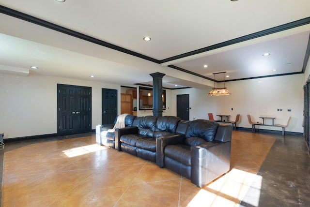 205 Saint Anne Way, Franklin, TN 37064 - living area featuring ornate columns, recessed lighting, baseboards, crown molding, and light tile patterned floors