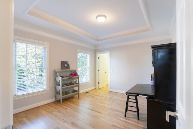 205 Saint Anne Way, Franklin, TN 37064 - office area featuring a raised ceiling, healthy amount of natural light, crown molding, light wood-style floors, and baseboards