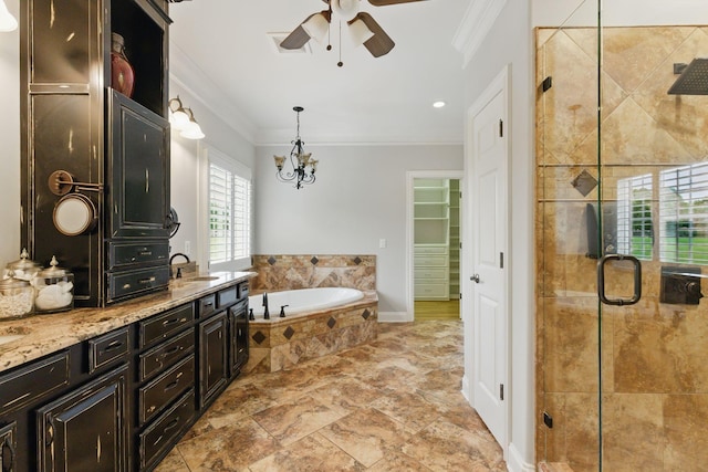 205 Saint Anne Way, Franklin, TN 37064 - full bath with ornamental molding, ceiling fan, a stall shower, a bath, and double vanity