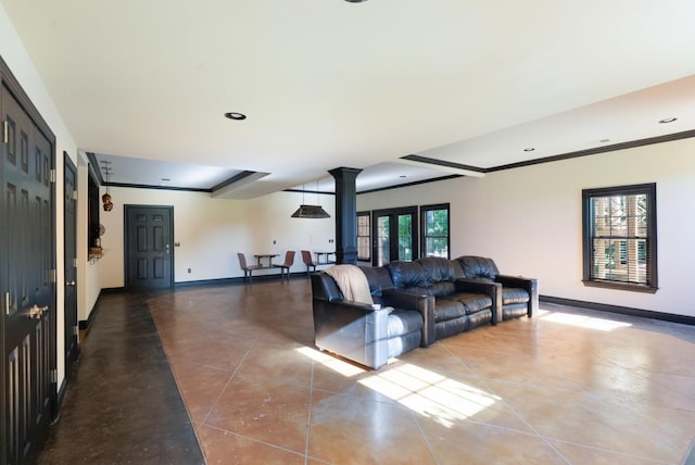 205 Saint Anne Way, Franklin, TN 37064 - tiled living room with ornate columns, crown molding, baseboards, and recessed lighting