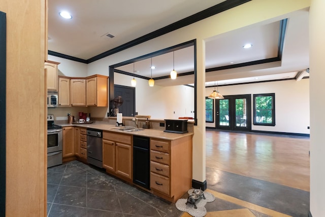 205 Saint Anne Way, Franklin, TN 37064 - kitchen featuring appliances with stainless steel finishes, crown molding, light brown cabinetry, a sink, and light countertops
