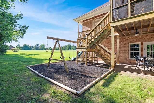 205 Saint Anne Way, Franklin, TN 37064 - view of jungle gym featuring a ceiling fan, stairs, a lawn, and a patio