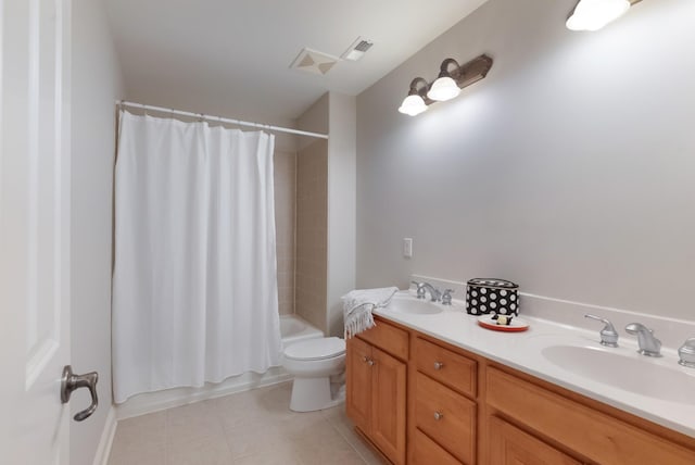 205 Saint Anne Way, Franklin, TN 37064 - bathroom featuring toilet, tile patterned floors, shower / bath combo with shower curtain, and double vanity