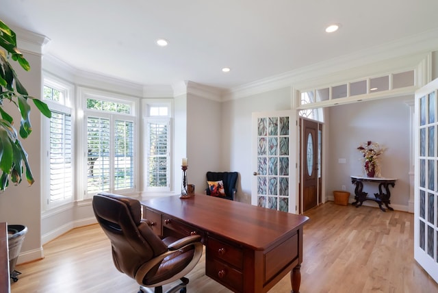 205 Saint Anne Way, Franklin, TN 37064 - home office with healthy amount of natural light, light wood-style flooring, baseboards, crown molding, and recessed lighting
