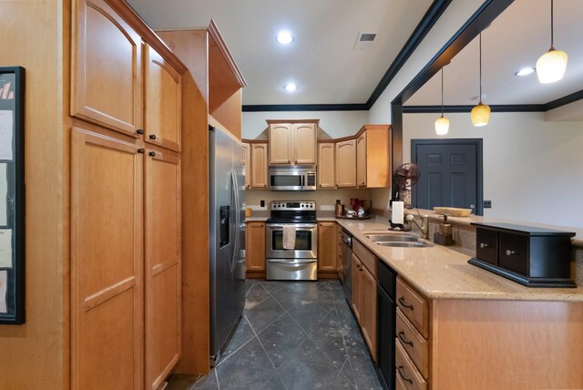 205 Saint Anne Way, Franklin, TN 37064 - kitchen with appliances with stainless steel finishes, a peninsula, a sink, crown molding, and light stone countertops