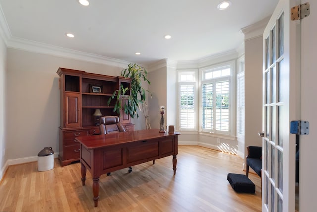 205 Saint Anne Way, Franklin, TN 37064 - office area featuring baseboards, light wood-style flooring, recessed lighting, and ornamental molding