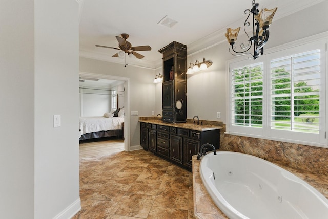 205 Saint Anne Way, Franklin, TN 37064 - bathroom featuring crown molding, a tub with jets, double vanity, a ceiling fan, and ensuite bathroom