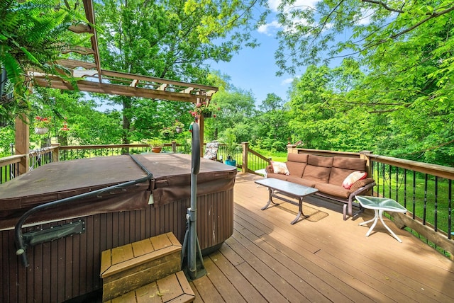 1711 Lovers Ln, Hopkinsville, KY 42240 - wooden deck featuring a hot tub and view of wooded area