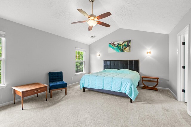 3182 Tristan Dr, Franklin, TN 37064 - bedroom featuring vaulted ceiling, light colored carpet, baseboards, a textured ceiling, and ceiling fan