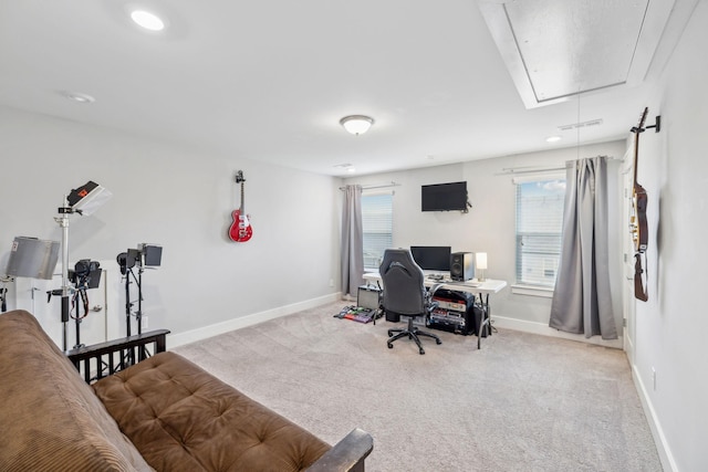 1151 Cotillion Dr, Murfreesboro, TN 37128 - home office featuring attic access, carpet floors, baseboards, and recessed lighting