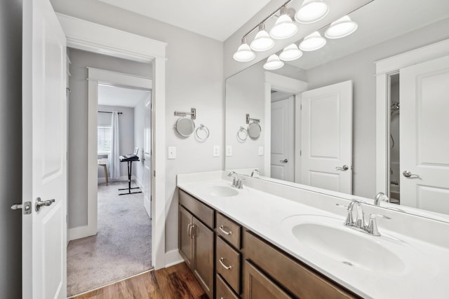 1151 Cotillion Dr, Murfreesboro, TN 37128 - bathroom featuring double vanity, baseboards, and wood finished floors