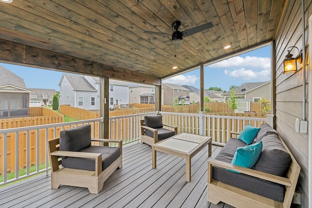 1151 Cotillion Dr, Murfreesboro, TN 37128 - wooden terrace featuring a residential view, a fenced backyard, an outdoor hangout area, and ceiling fan