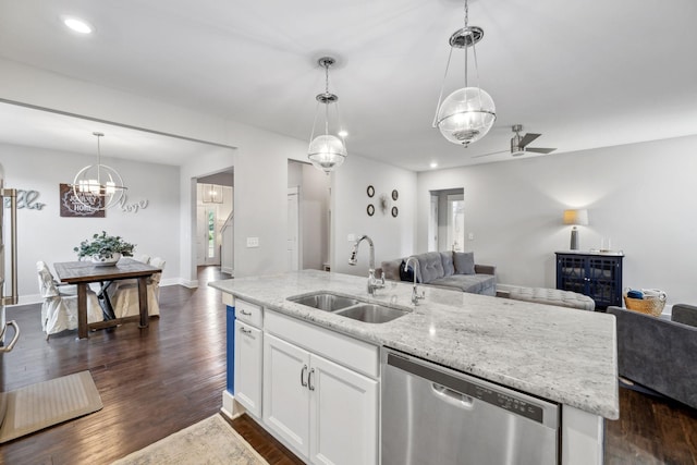 1151 Cotillion Dr, Murfreesboro, TN 37128 - kitchen with stainless steel dishwasher, a sink, open floor plan, dark wood-style floors, and white cabinets