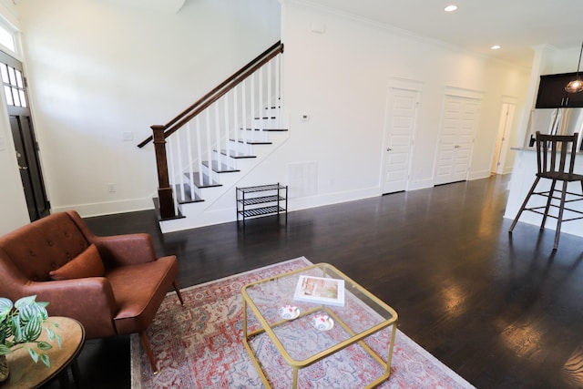 4802A Illinois Ave, Nashville, TN 37209 - living area with wood finished floors, stairs, baseboards, recessed lighting, and ornamental molding