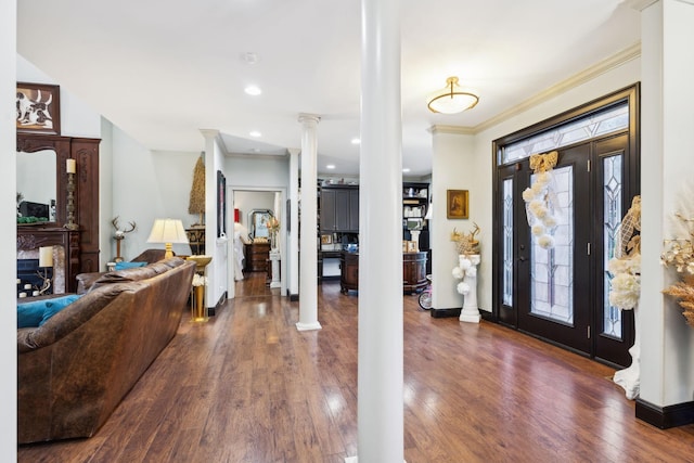 314 W 6th St Unit 7, Columbia, TN 38401 - entrance foyer featuring decorative columns, crown molding, dark wood finished floors, baseboards, and recessed lighting