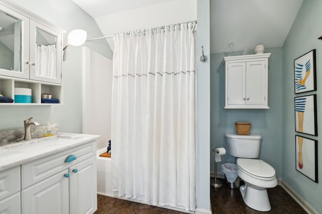 314 W 6th St Unit 7, Columbia, TN 38401 - full bath with vanity, lofted ceiling, toilet, shower / bathtub combination with curtain, and baseboards