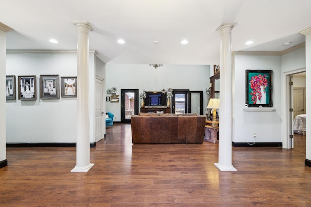 314 W 6th St Unit 7, Columbia, TN 38401 - living area with decorative columns, ornamental molding, baseboards, wood finished floors, and recessed lighting