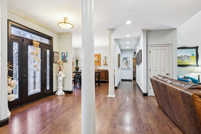 314 W 6th St Unit 7, Columbia, TN 38401 - foyer entrance with ornate columns, hardwood / wood-style floors, ornamental molding, baseboards, and recessed lighting