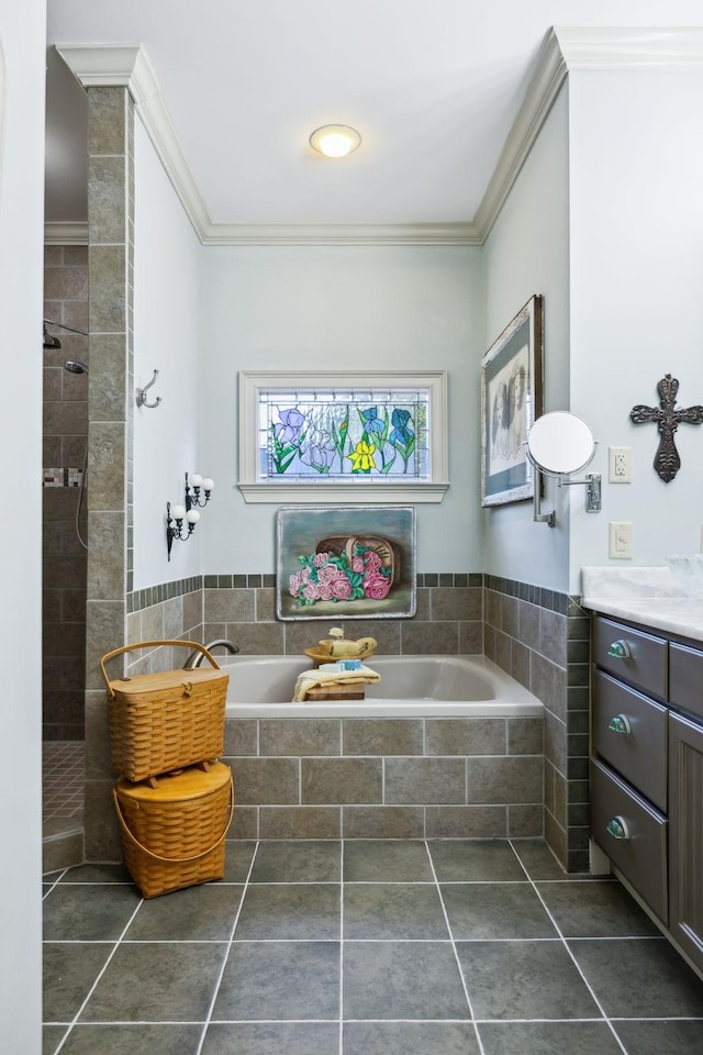 314 W 6th St Unit 7, Columbia, TN 38401 - bathroom with a garden tub, vanity, ornamental molding, tile patterned floors, and a tile shower