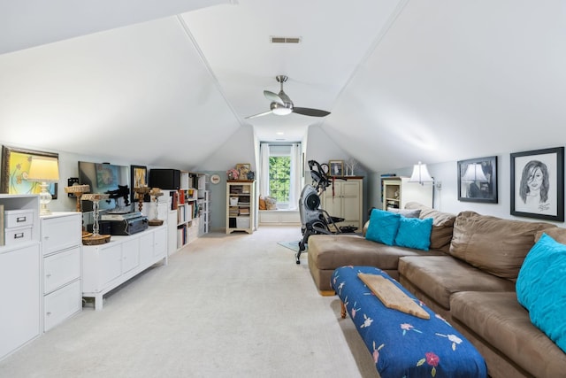 314 W 6th St Unit 7, Columbia, TN 38401 - living area featuring light carpet, vaulted ceiling, and ceiling fan