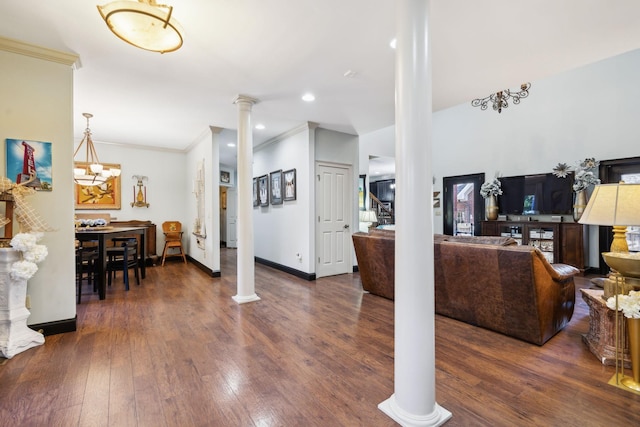 314 W 6th St Unit 7, Columbia, TN 38401 - living room with decorative columns, wood finished floors, crown molding, baseboards, and recessed lighting