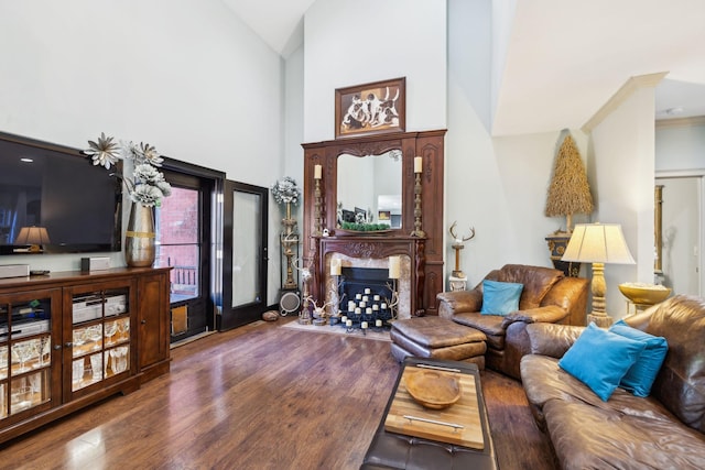 314 W 6th St Unit 7, Columbia, TN 38401 - living room featuring wood finished floors, a fireplace with flush hearth, and high vaulted ceiling