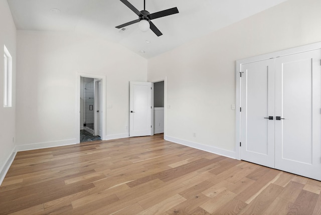 713B 32nd Ave N, Nashville, TN 37209 - unfurnished bedroom featuring light wood-style floors, baseboards, connected bathroom, high vaulted ceiling, and a ceiling fan