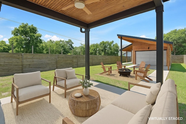 713B 32nd Ave N, Nashville, TN 37209 - view of patio with an outdoor living space with a fire pit, ceiling fan, and an outdoor structure