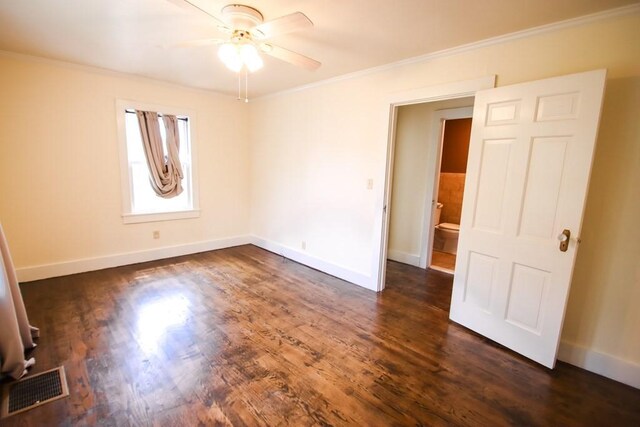 112 N Church St, Sparta, TN 38583 - empty room featuring ornamental molding, a ceiling fan, baseboards, and dark wood-style flooring