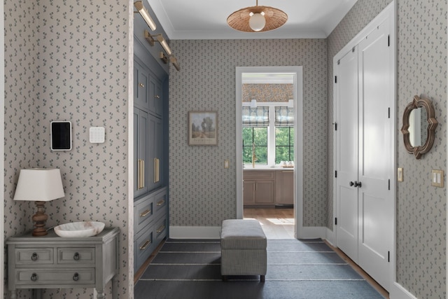 1936 Silver Fox Rd, Thompsons Station, TN 37179 - full bath with ornamental molding, wallpapered walls, a closet, vanity, and baseboards