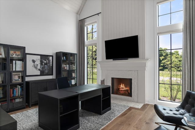 1936 Silver Fox Rd, Thompsons Station, TN 37179 - office space featuring wood finished floors, a fireplace with flush hearth, and high vaulted ceiling