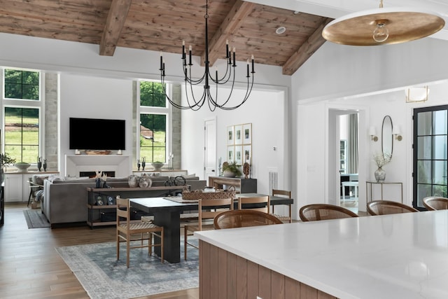 1936 Silver Fox Rd, Thompsons Station, TN 37179 - dining space featuring wood ceiling with exposed beams, wood finished floors, plenty of natural light, high vaulted ceiling, and a chandelier