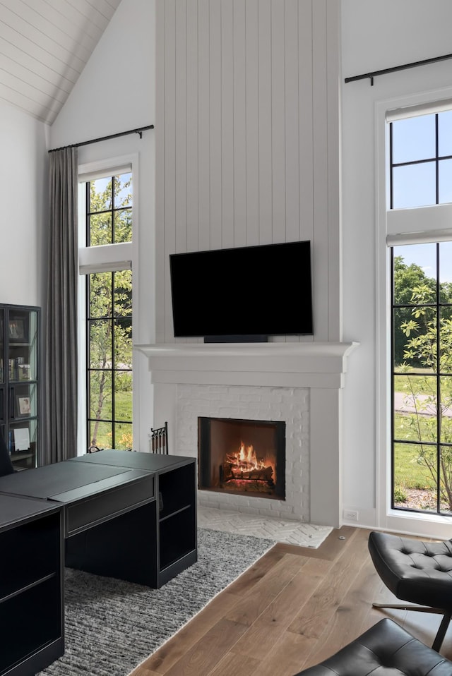 1936 Silver Fox Rd, Thompsons Station, TN 37179 - living area with vaulted ceiling, wood finished floors, and a fireplace with flush hearth