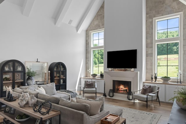1936 Silver Fox Rd, Thompsons Station, TN 37179 - living area featuring high vaulted ceiling, wood finished floors, a lit fireplace, and beamed ceiling
