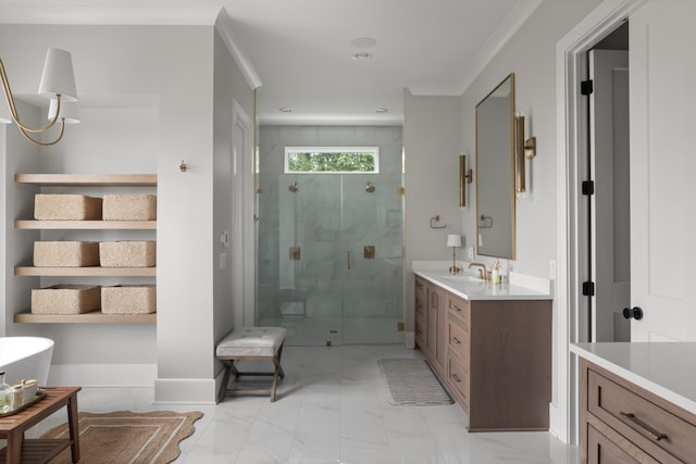1936 Silver Fox Rd, Thompsons Station, TN 37179 - bathroom featuring vanity, a stall shower, ornamental molding, marble look tile flooring, and baseboards